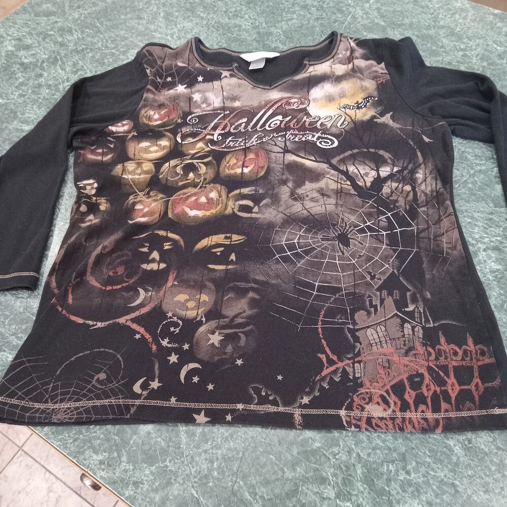 Christopher & Banks Halloween Black 3/4 Sleeve Women’s Large spooky Bling Top